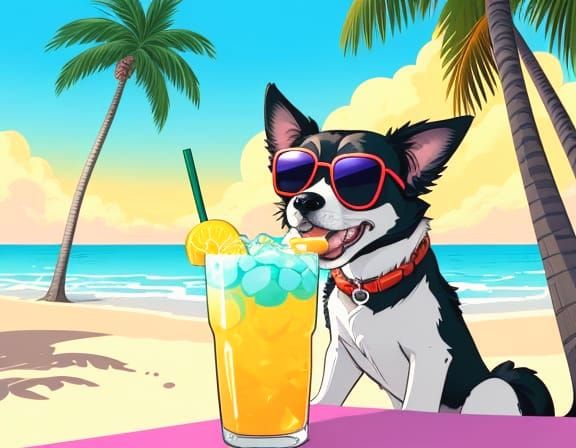 Dog Sipping Drink on Beach in Cartoon Style