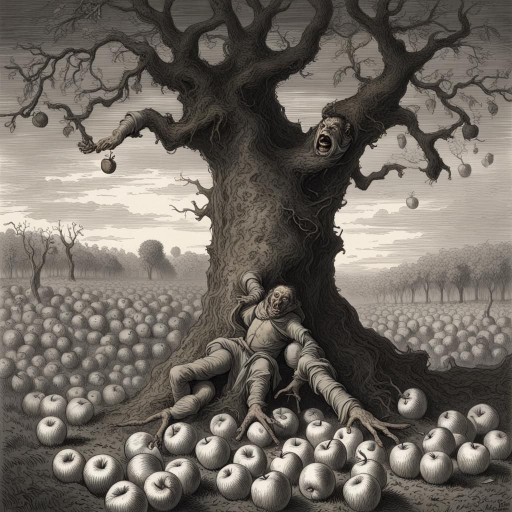 Rotting Apple Drooling Cider in Orchard: Horror Art