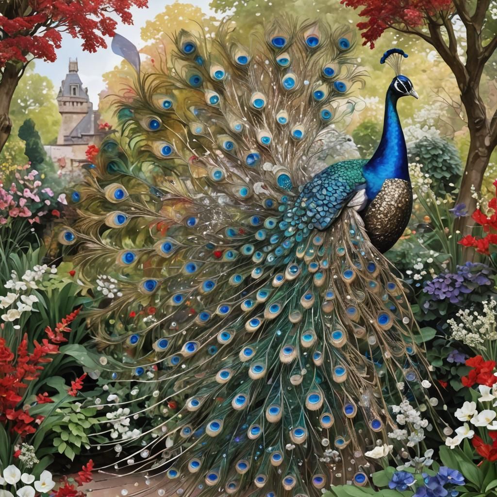 Rainbow Peacock in Glittering English Garden