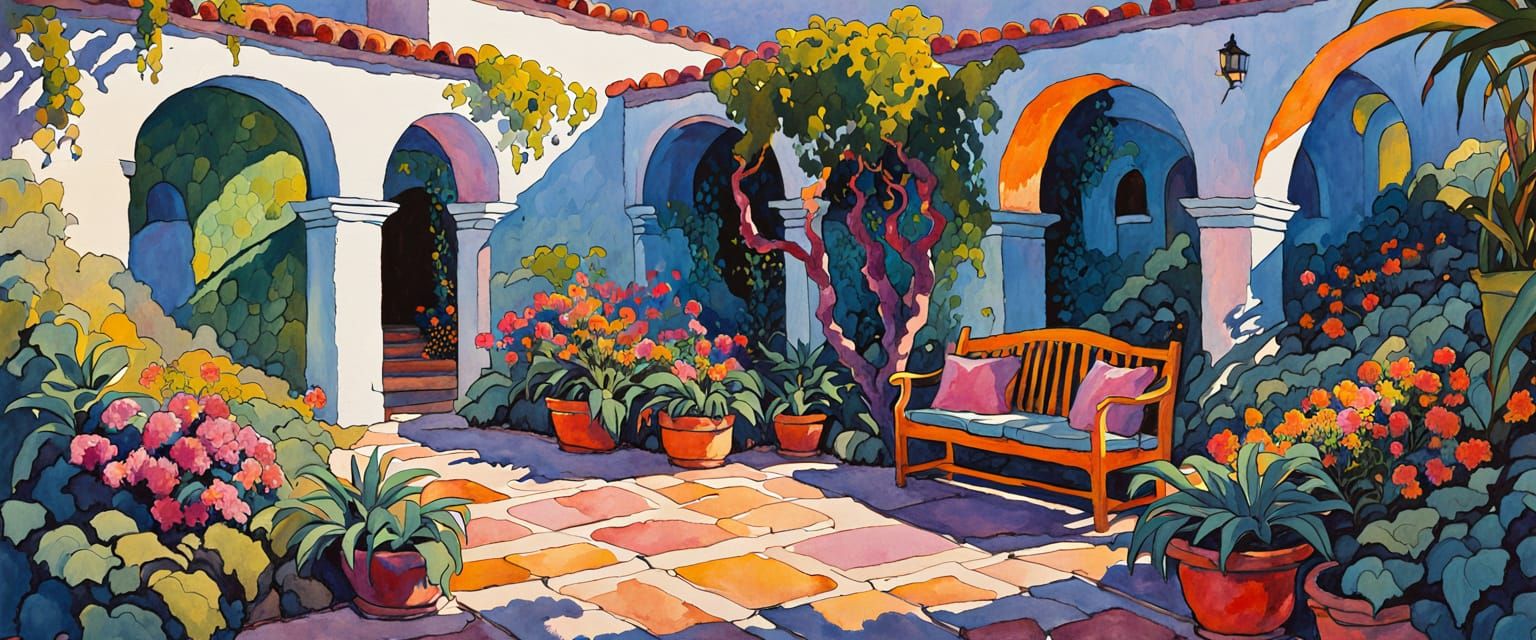 Vibrant Garden Scene with Arches and Flowers in Comic Book S...