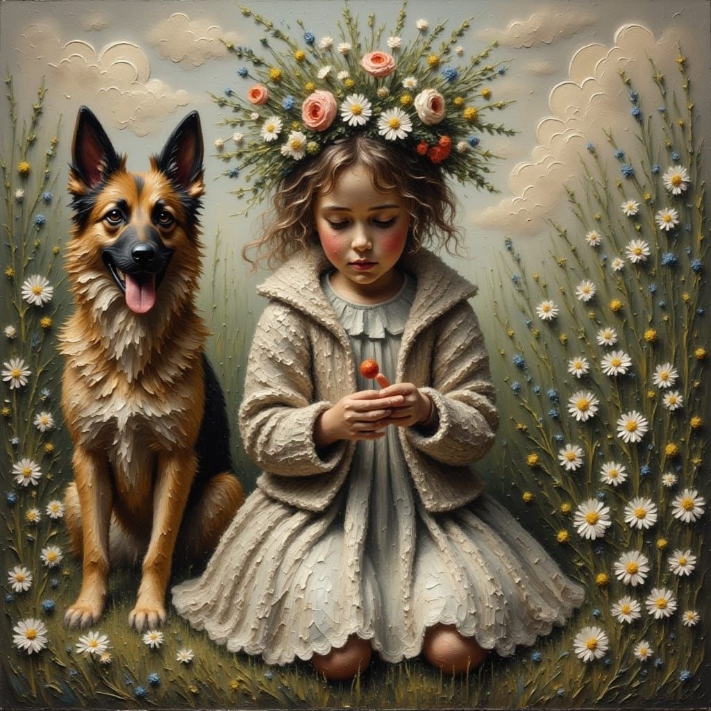 Girl with Dog in Daisy Field, Expressionist Impasto