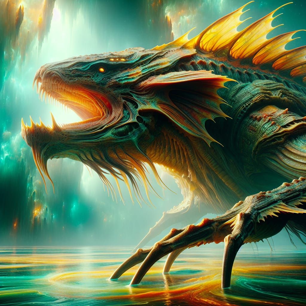 Gargantuan Alien Sturgeon in Sci-Fi River Scene