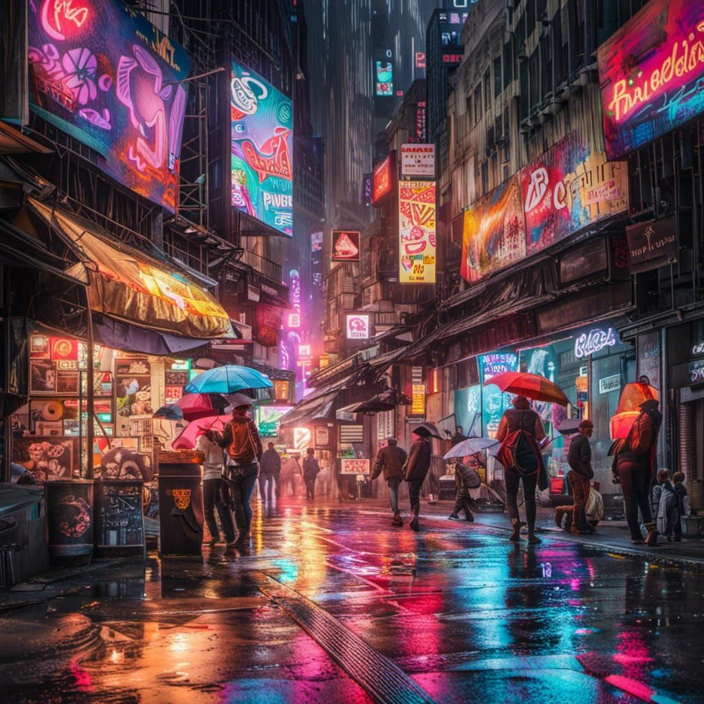 Cyberpunk Market Street at Night in the Rain