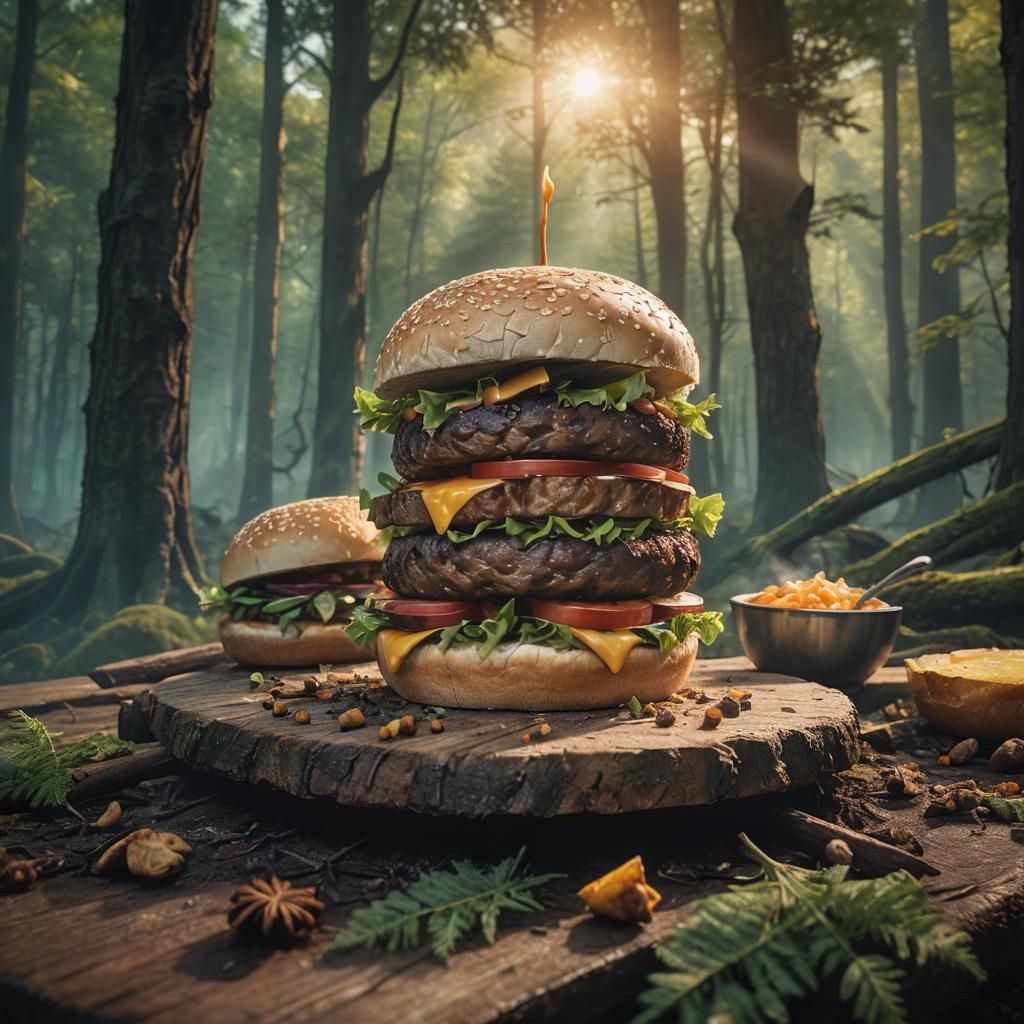 Fantasy Buffalo Burger in a Mystical Forest