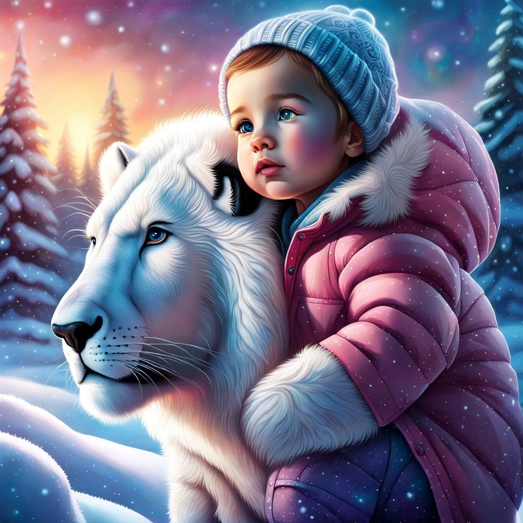 Baby with polar lion