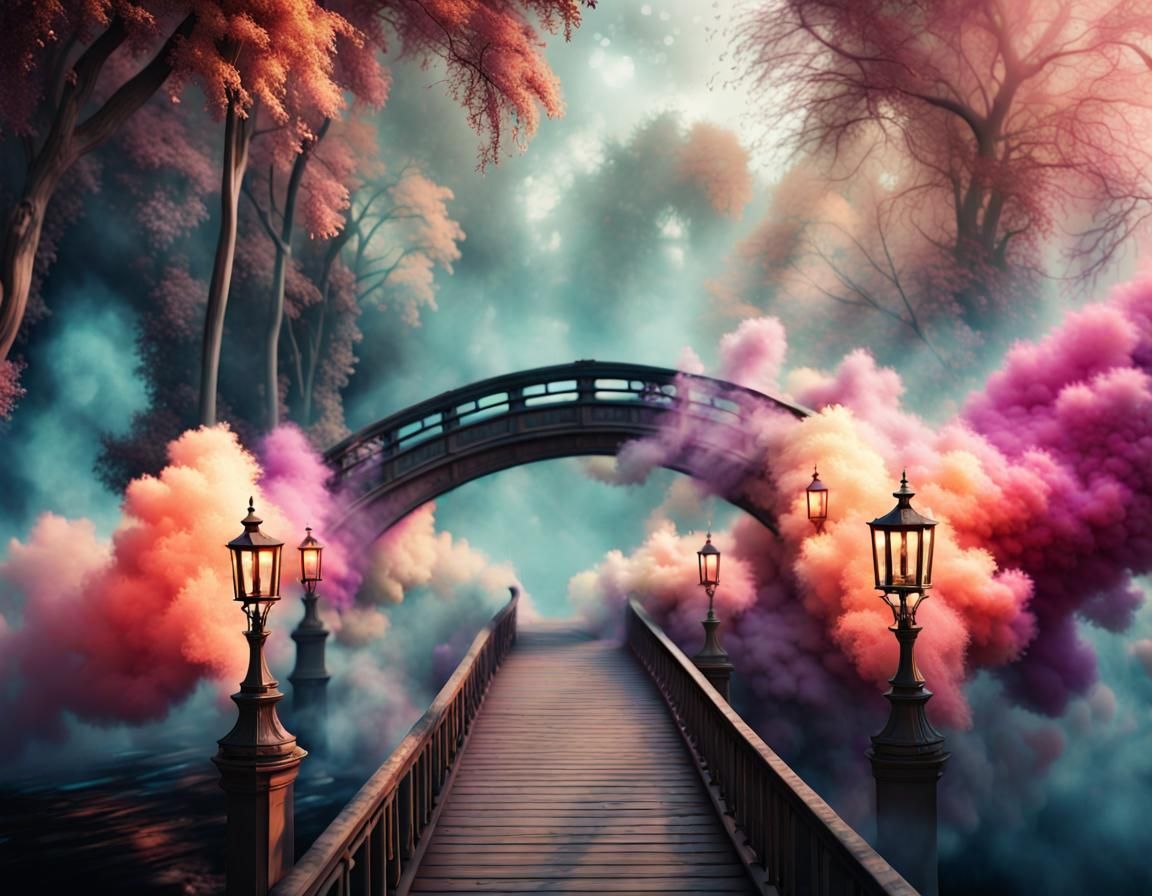 Smoke Bridge in Fantasy Dreamland: Surreal 3D Art