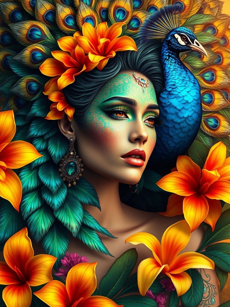 Majestic Woman Transforms into Iridescent Peacock Goddess