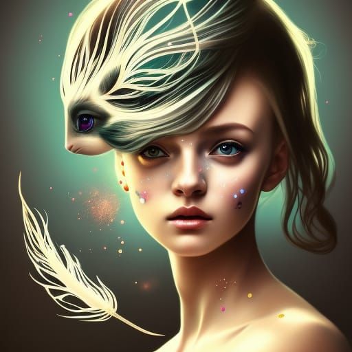 Silver skin metallic bunnie girl golden hair feathers stars ...