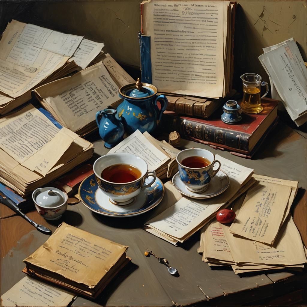 Still Life with Books and Teacup in Vermeer Style