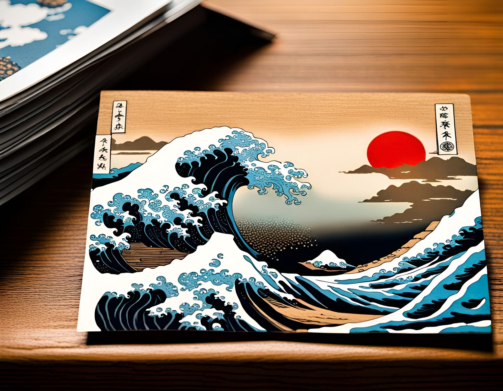 Great Wave Ukiyo-e Postcard on Oak Desk