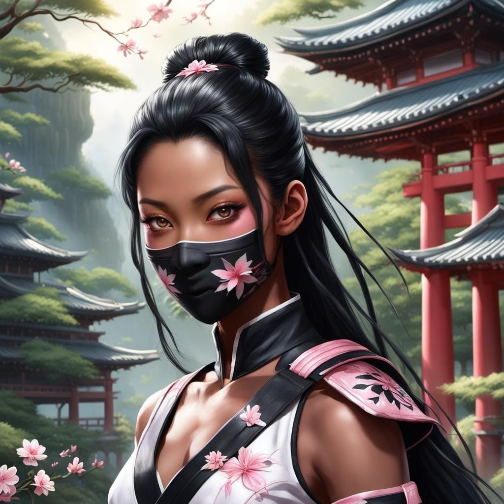 Hyperrealistic Ninja Princess with Cherry Blossom Accents