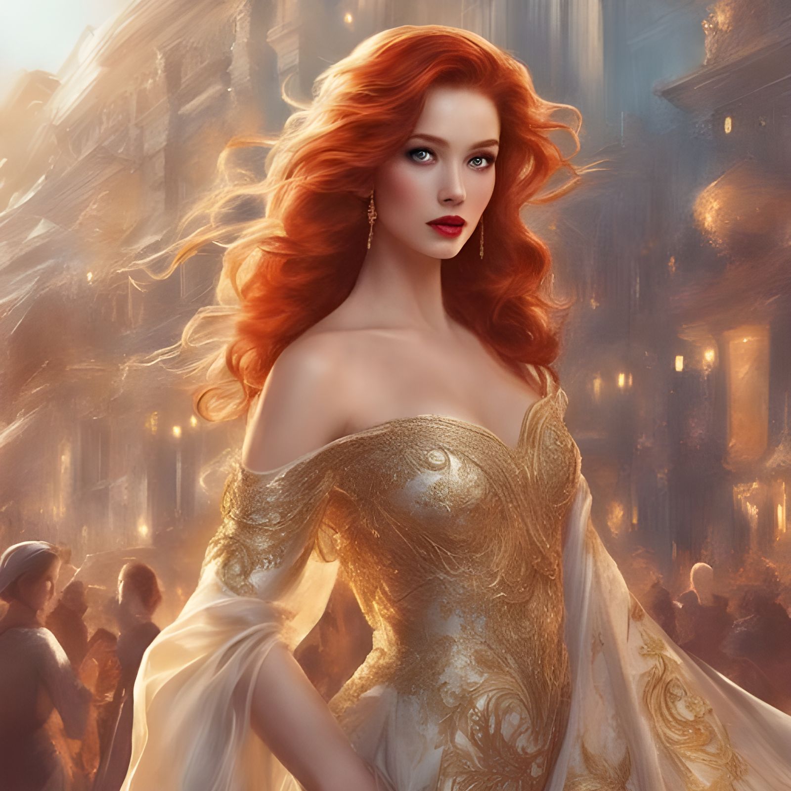 Red-Haired Actress in Golden Evening Gown