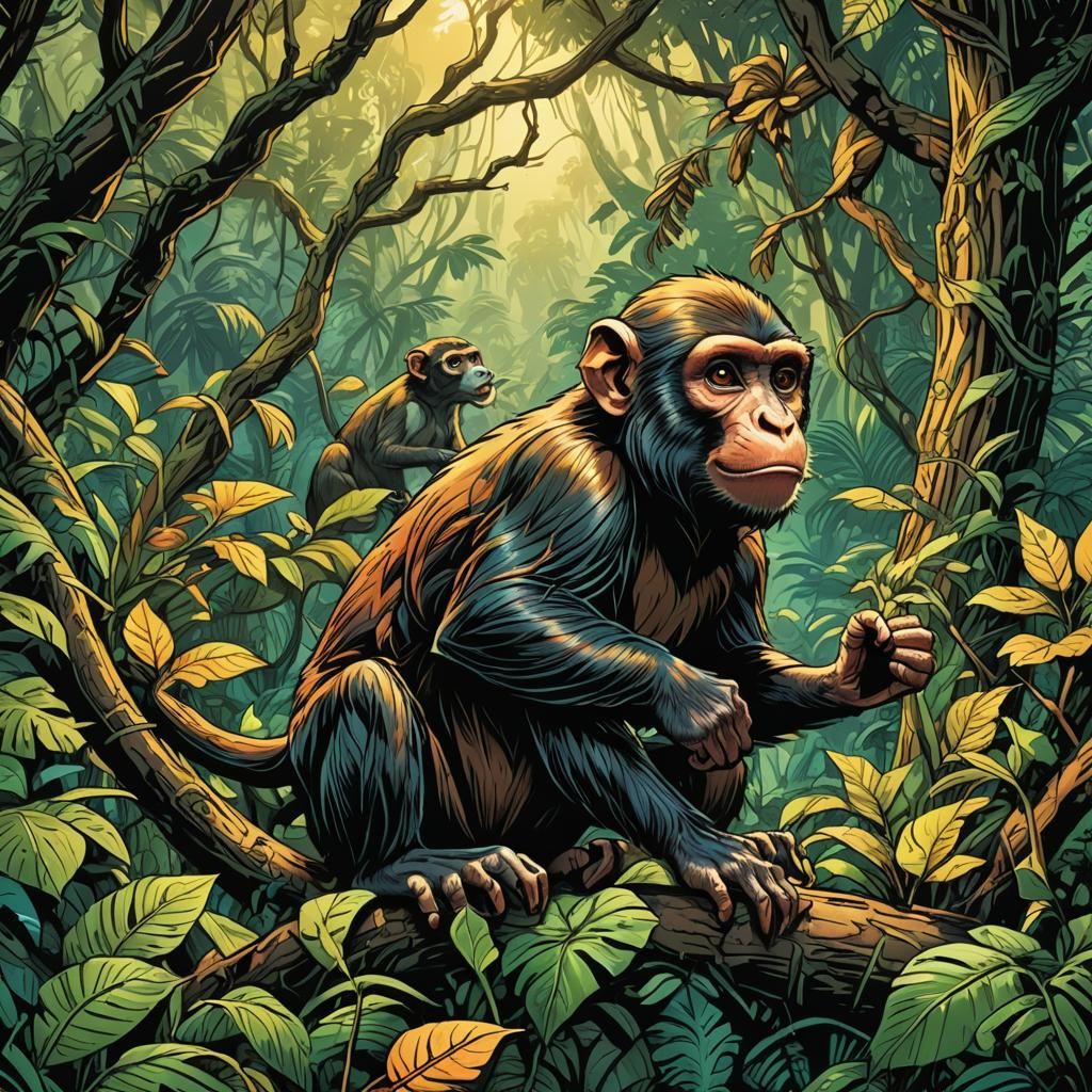 Monkey Eating Squirrel in Comic Book Art Style