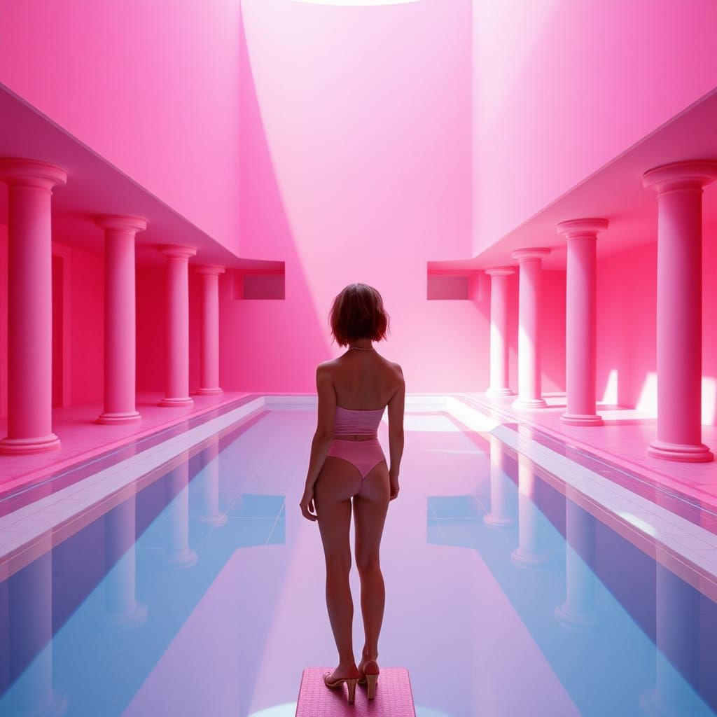 Woman in Pink Liminal Pool, Futuristic Style
