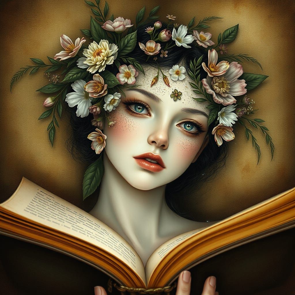 Ethereal Flower Maiden Emerges from Vintage Book
