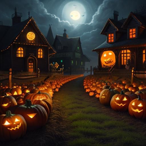 Haunted Pumpkin Patch: Hyperrealistic Halloween Scene
