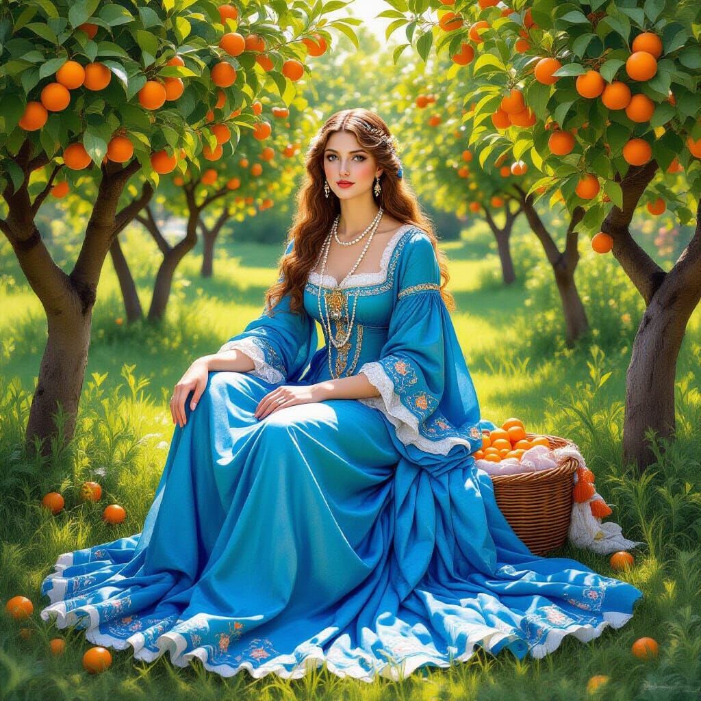 Goddess in Bergamot Orange Grove: Pre-Raphaelite Style