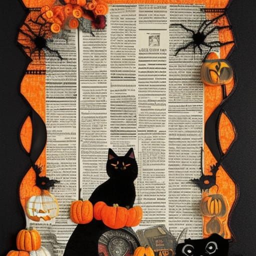 Halloween Collage with Black Cat in Mixed Media