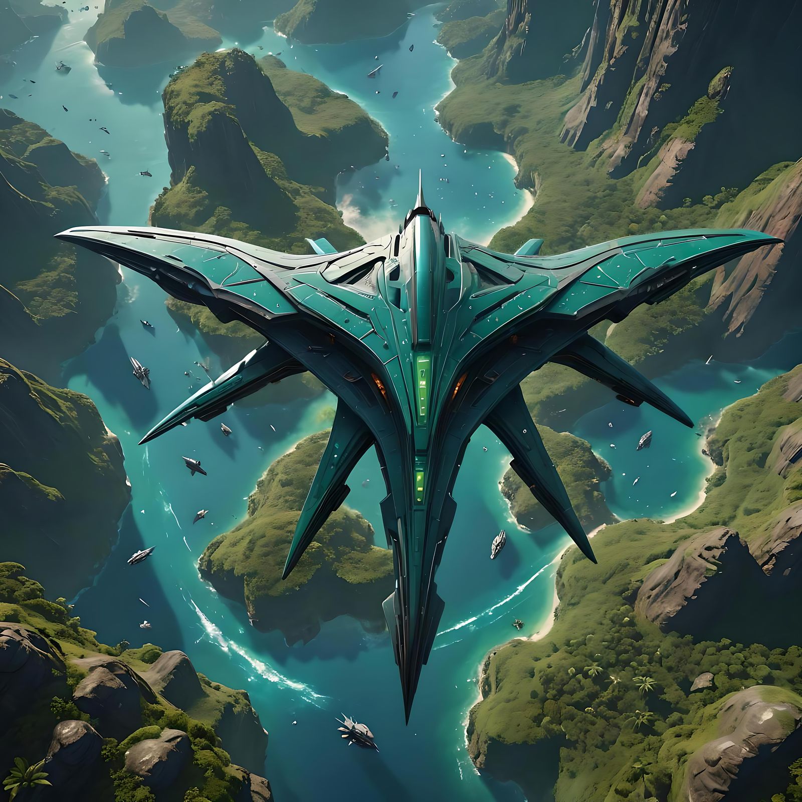 Manta Spaceship Over Tropical Planet: Detailed Matte Paintin...