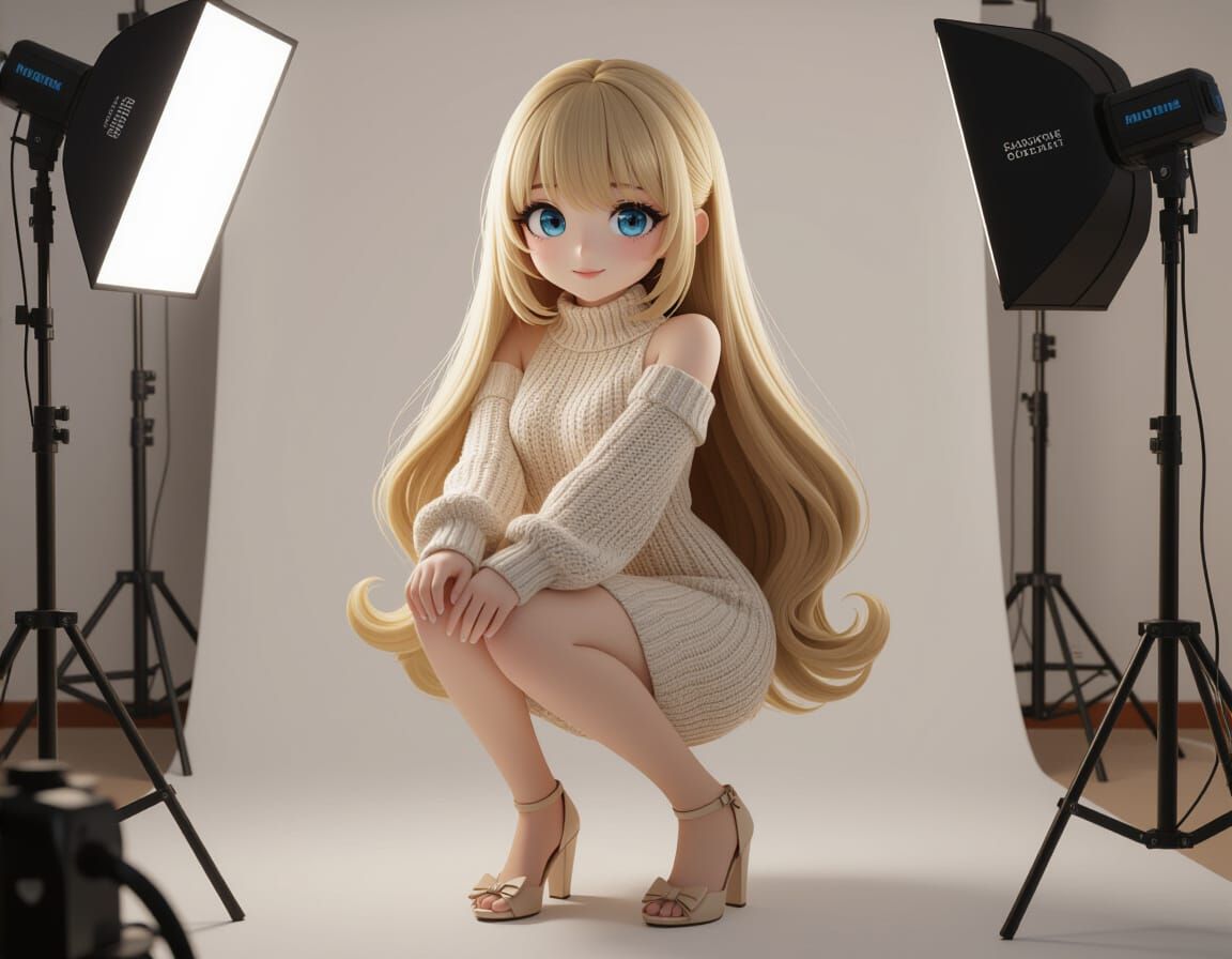 Blonde Bombshell Posing in Studio: 3D Anime Art