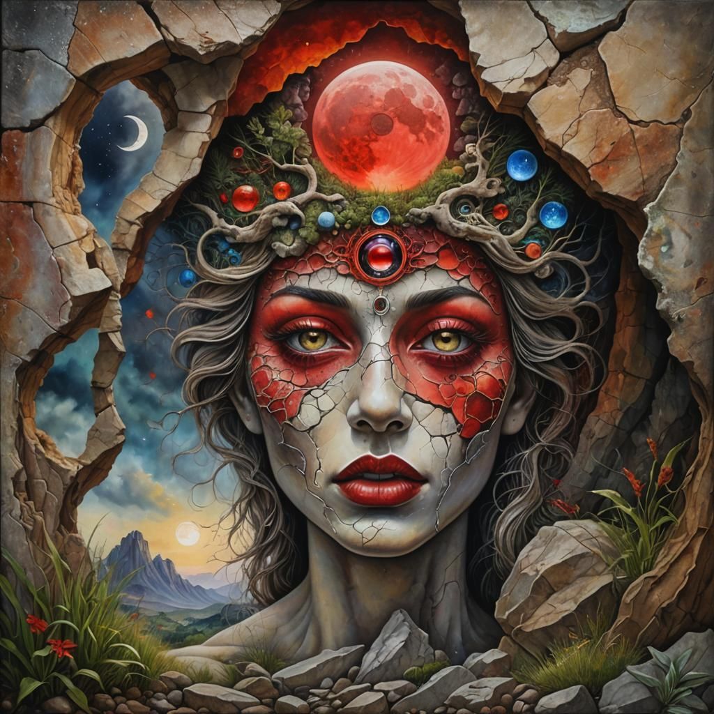 Surreal Face with Third Eye and Cave Mouth