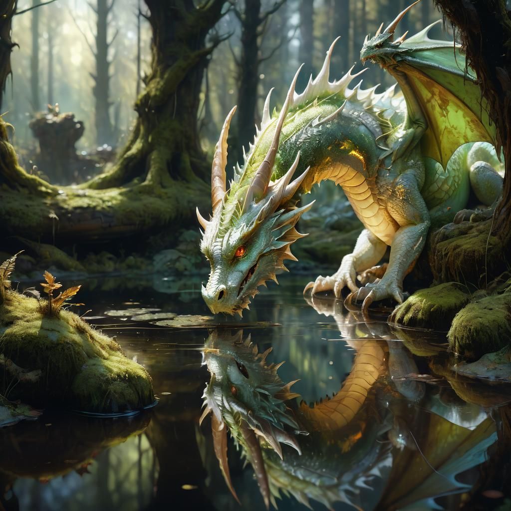 Luminescent Dragon Reflecting in Forest Pool