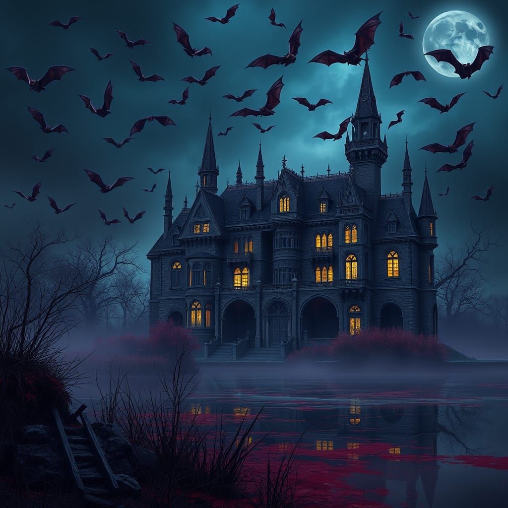 Gothic Horror Mansion with Bats and Bloody Lake