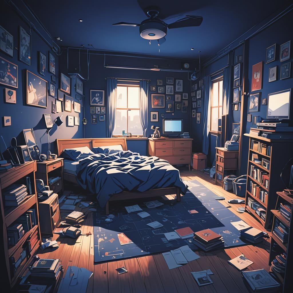 Dark Blue 90s Bedroom in Anime Style