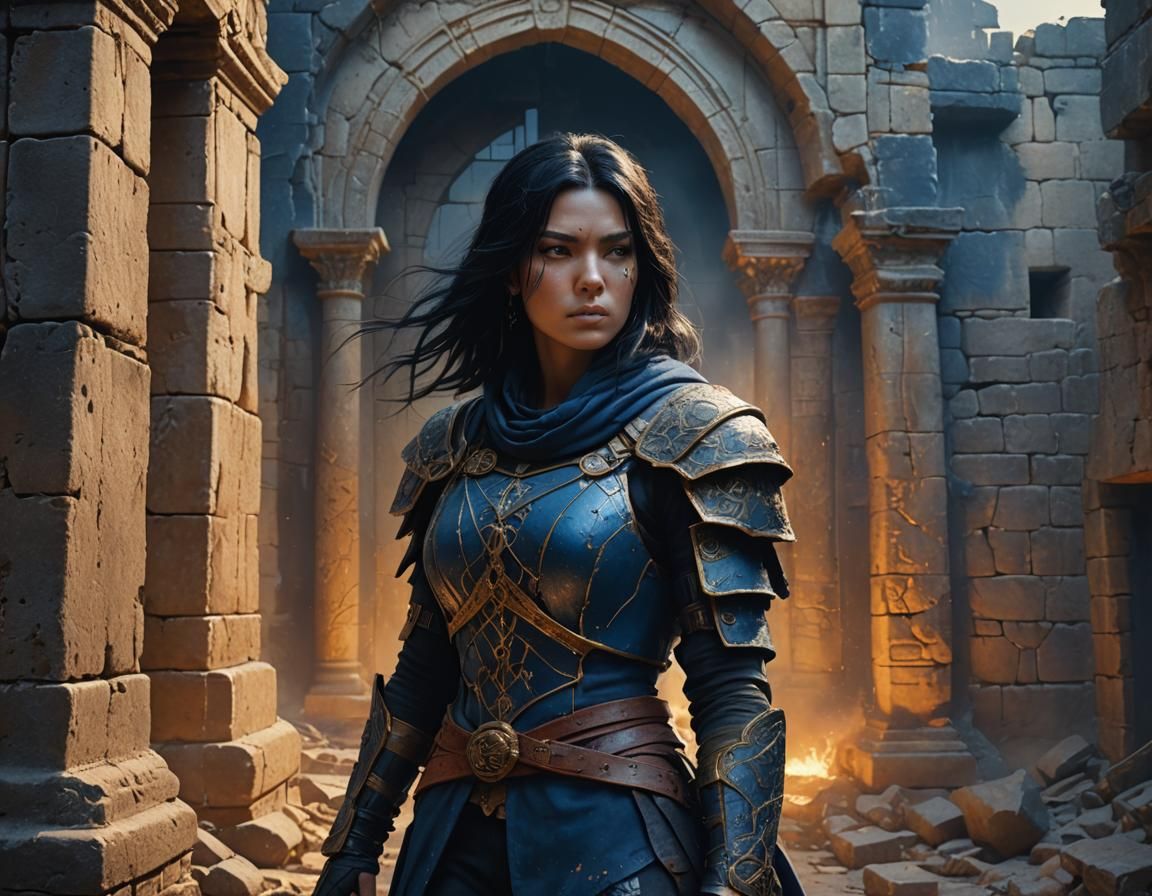 Female Assassin in Ancient Ruins Matte Painting