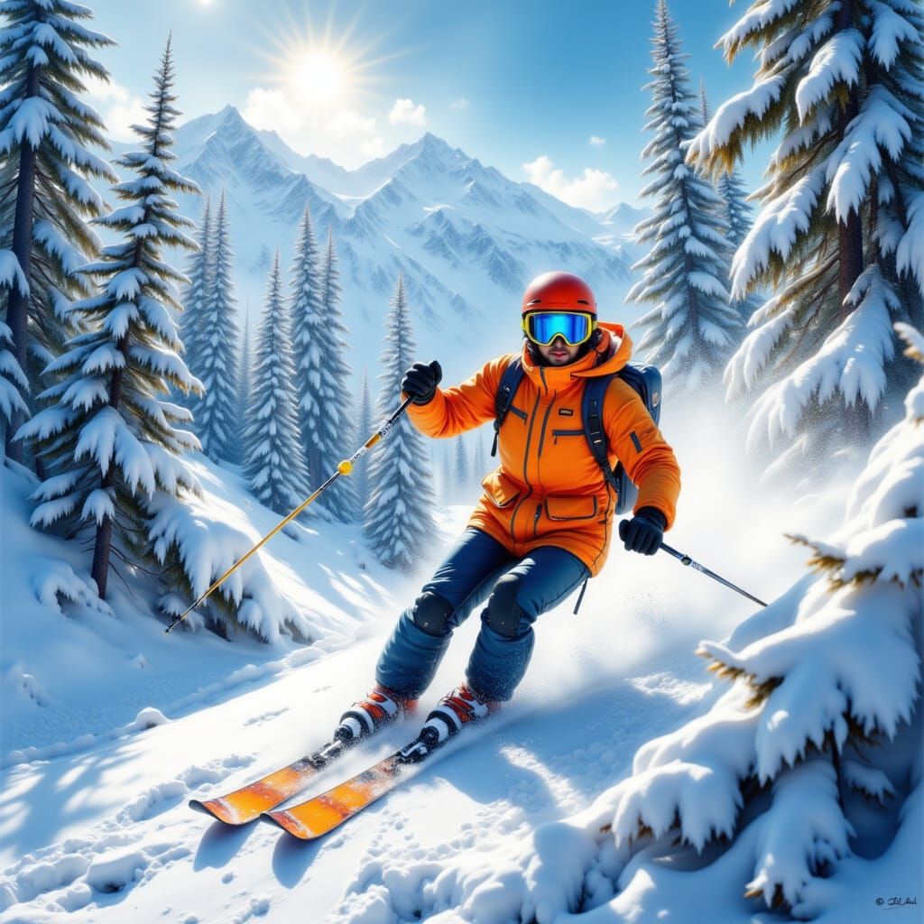 Skier Descends Mountain in Vibrant Digital Painting Style