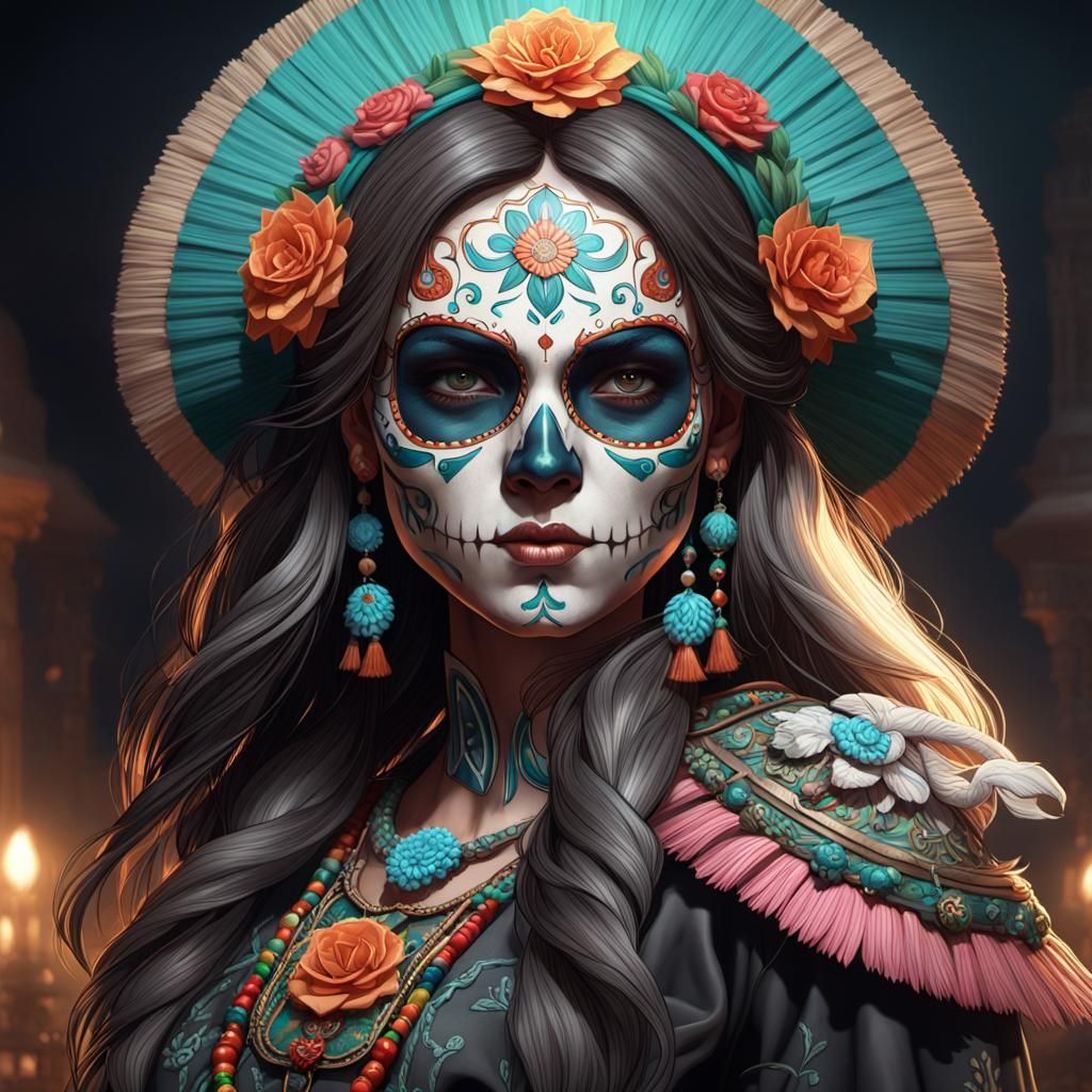 Detailed Mexican Sugar Skull Portrait