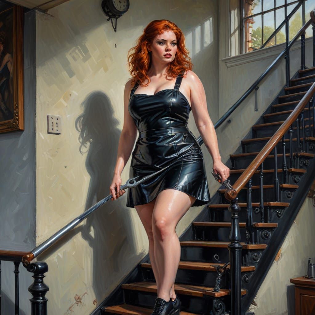 Redhead Mechanic Balances on Railing as Oil Painting