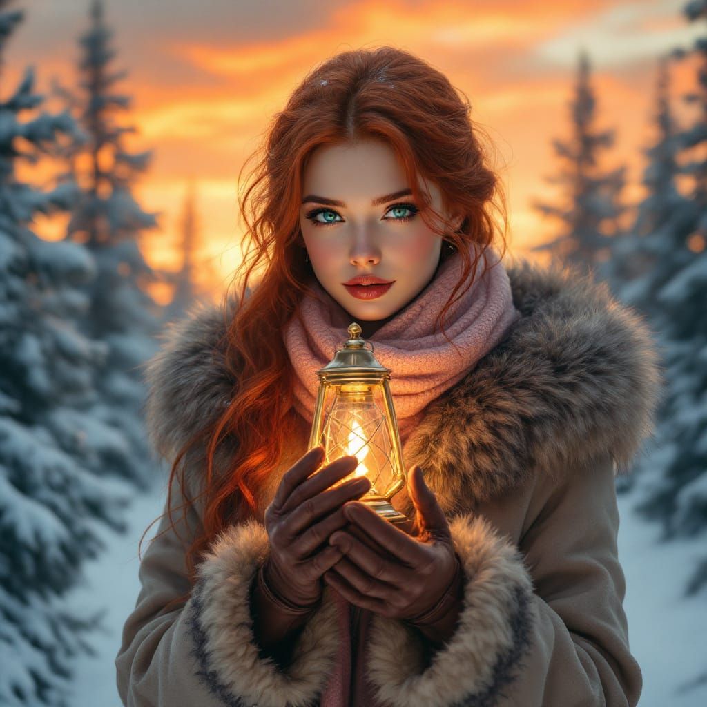 Ethereal Redhead in Snowy Forest, Art Nouveau Style
