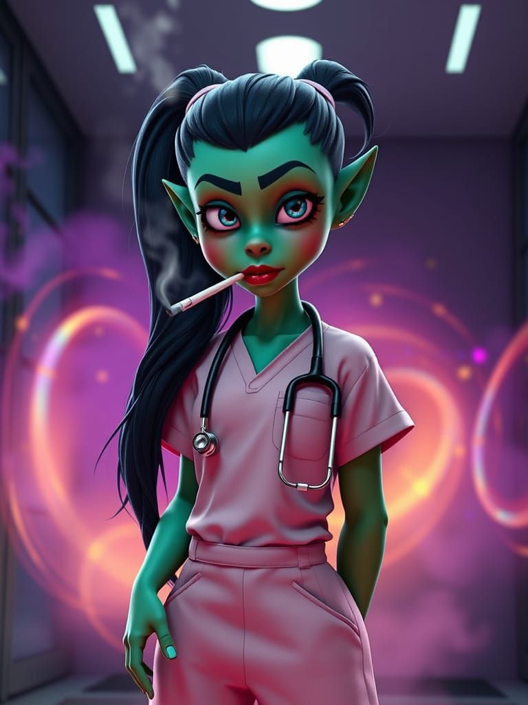 Pixar-Inspired Orc Nurse in Whirlpool of Color