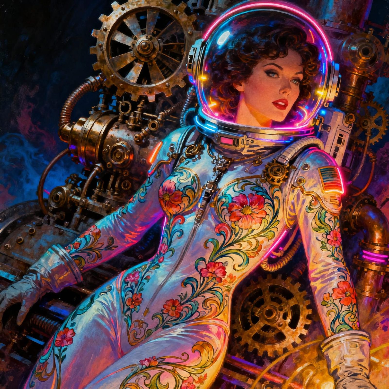 Steampunk Sci-Fi Pinup Woman in Floral Spacesuit
