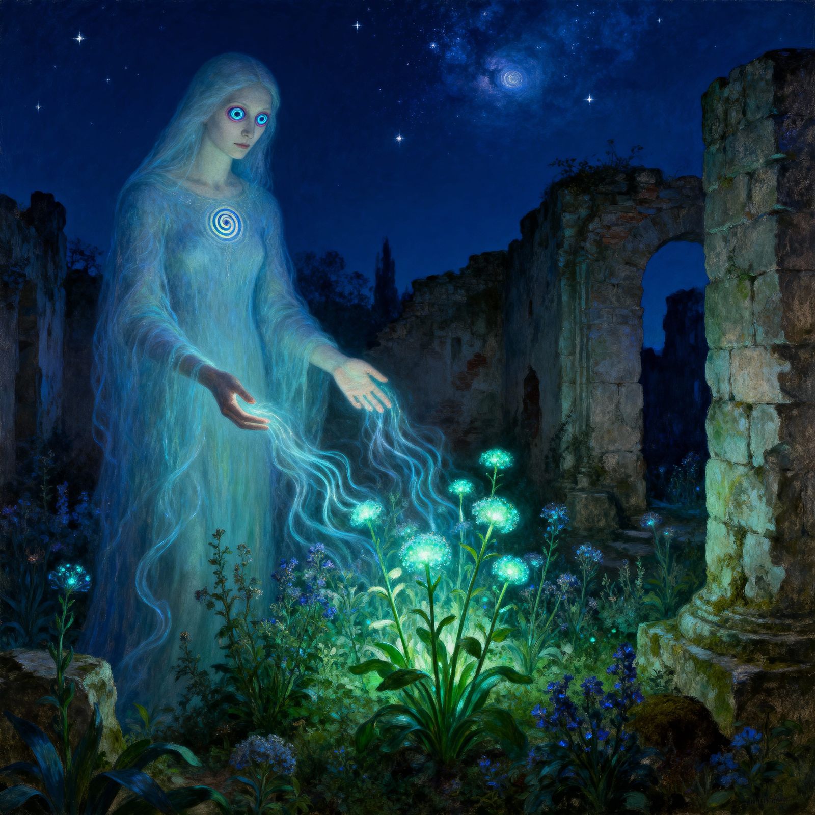 Spectral Völva Tends Bioluminescent Garden in Ruins
