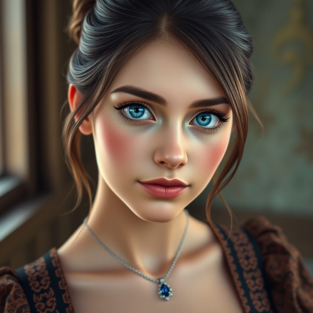 Stunning Woman in Dirndl Dress, Art Nouveau Style