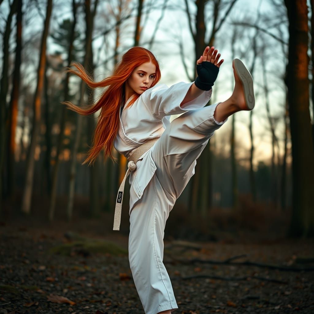 Dynamic Karate Girl in Forest Clearing