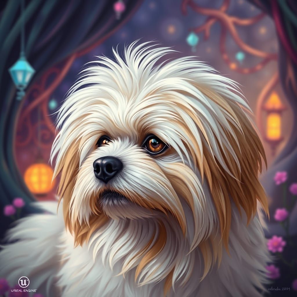 Majestic Fluffy Lhasa Apso in Whimsical Dreamlike Scene