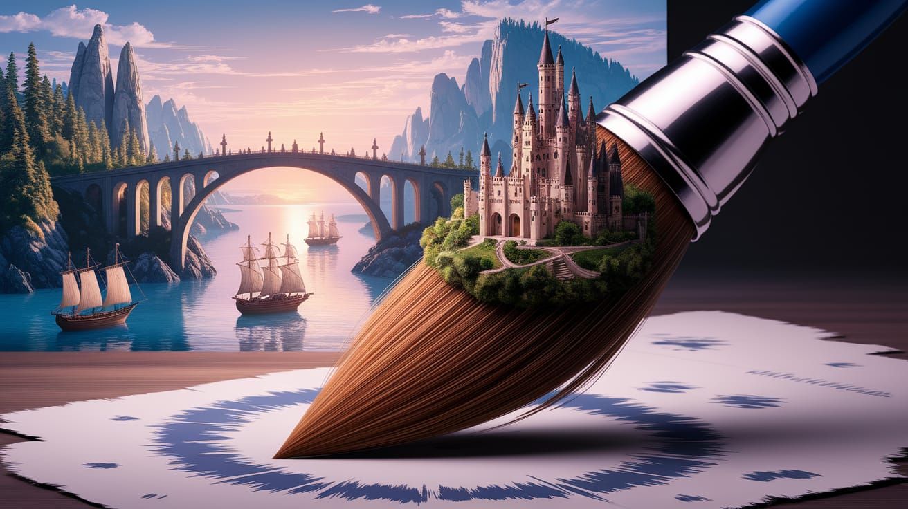 Fantasy Landscape Inside Paintbrush: Castle, Village, and Sh...