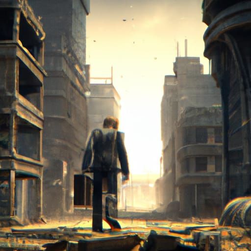 Man in Suit Walks Post-Apocalyptic City