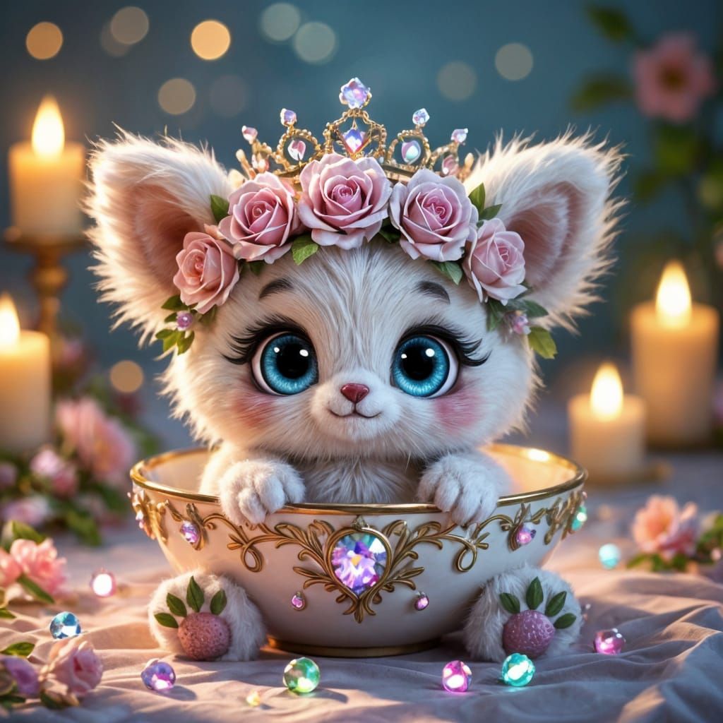 Rose-Crowned Plush Creature in Candlelight