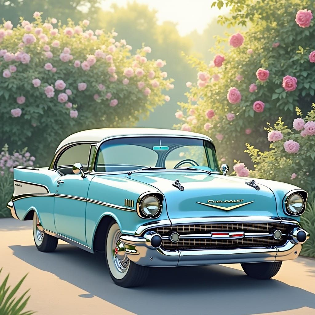 Sleek 1957 Chevrolet Bel-Air Surrounded by a Vibrant Floral....