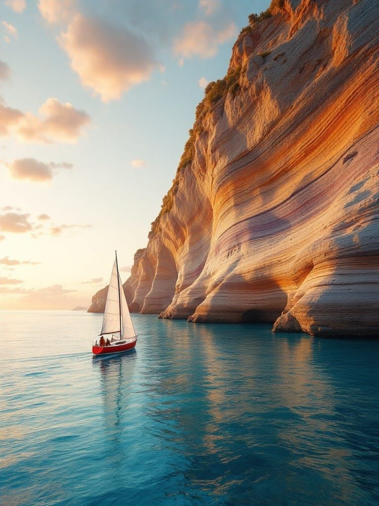 Sunset Sailboat Meets Giant Rock Formation