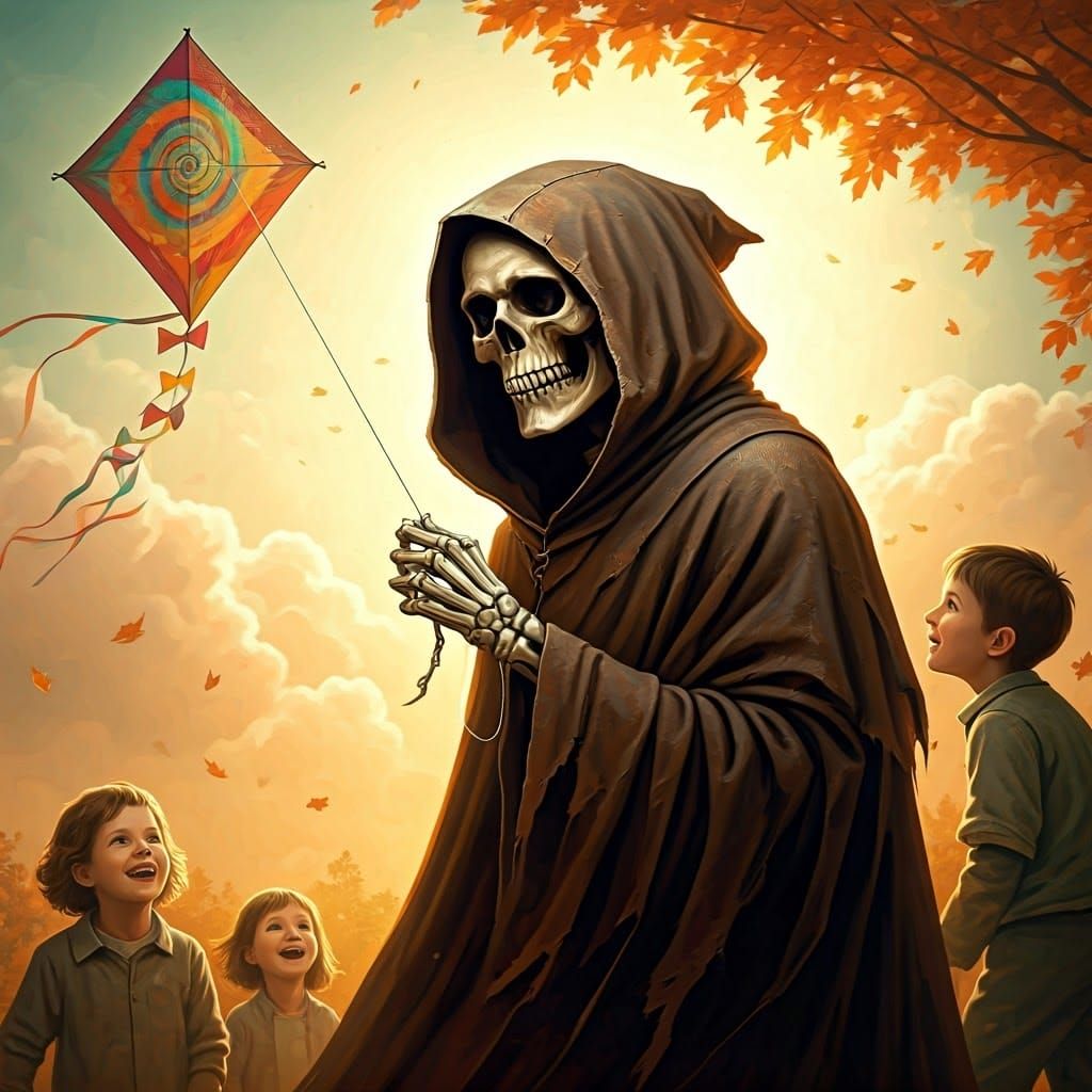 Grim reaper flying a kite with kids