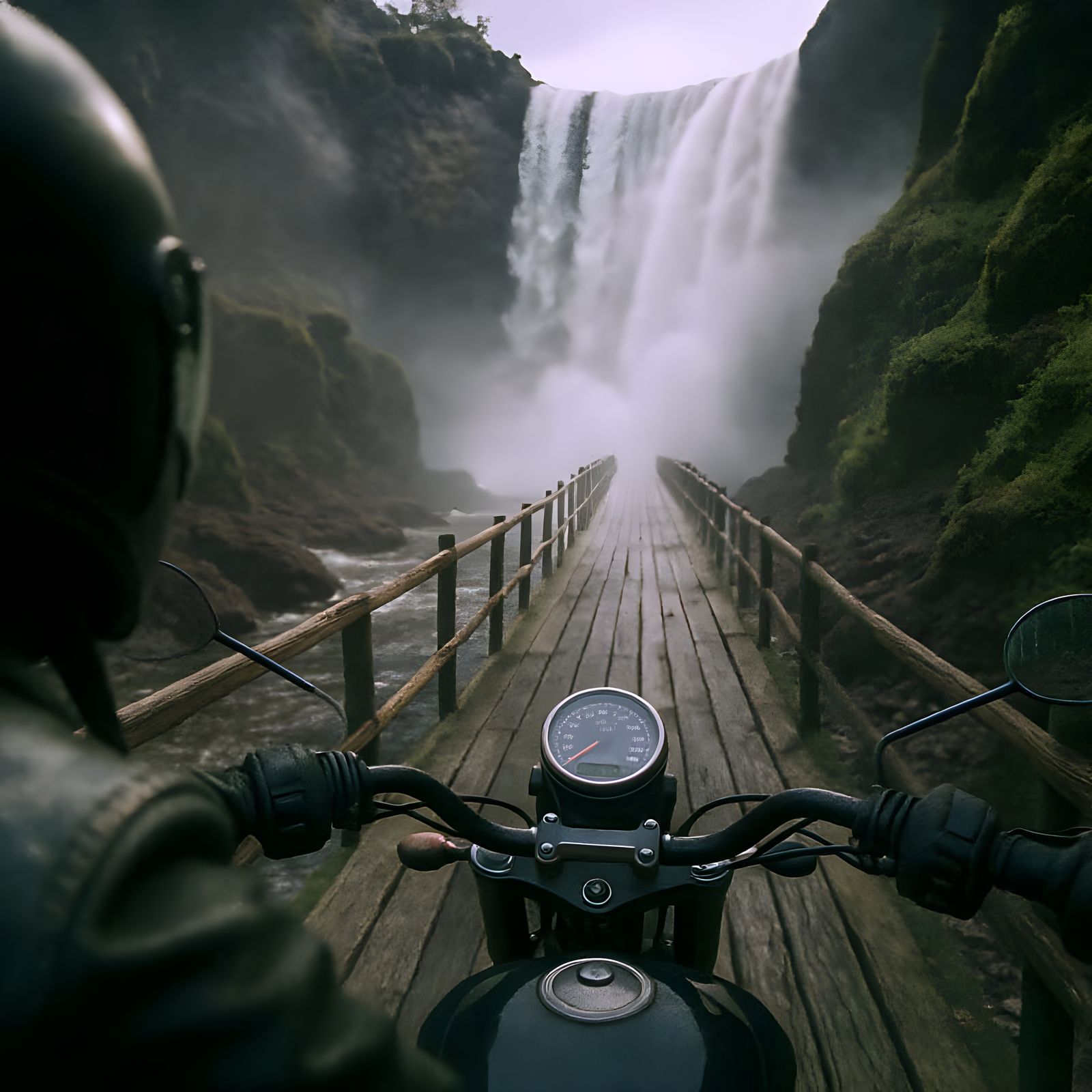 Motorcycle Adventure Over Rocky Gorge Waterfall