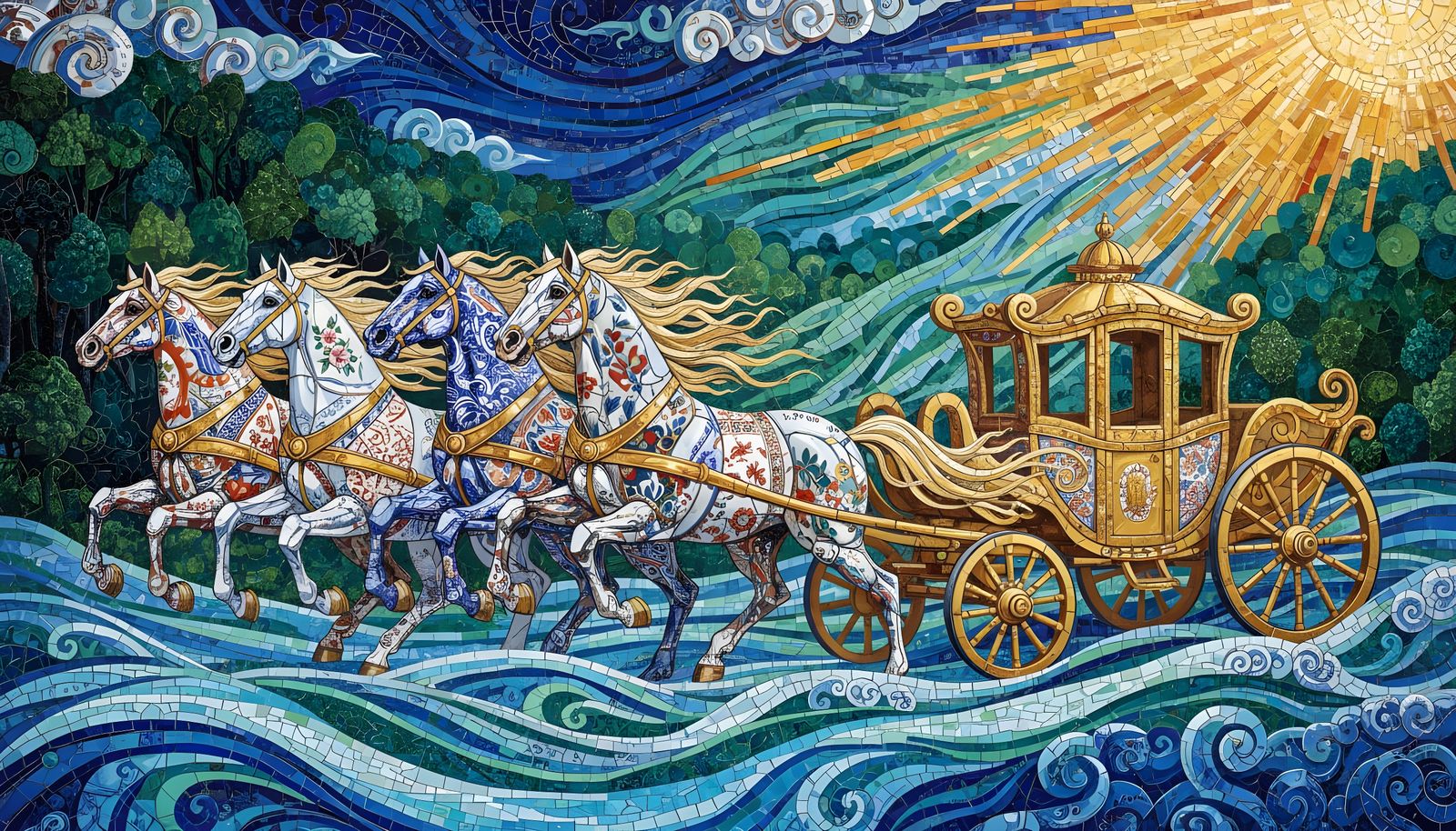 Mosaic Horses Pull Golden Carriage Made of Patterned China