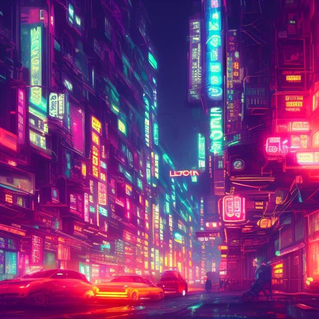 Futuristic Neon Cityscape at Night in Cyberpunk Style