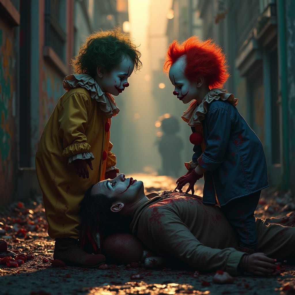 Eerie Clowns in Alley: Hyperrealistic Digital Art
