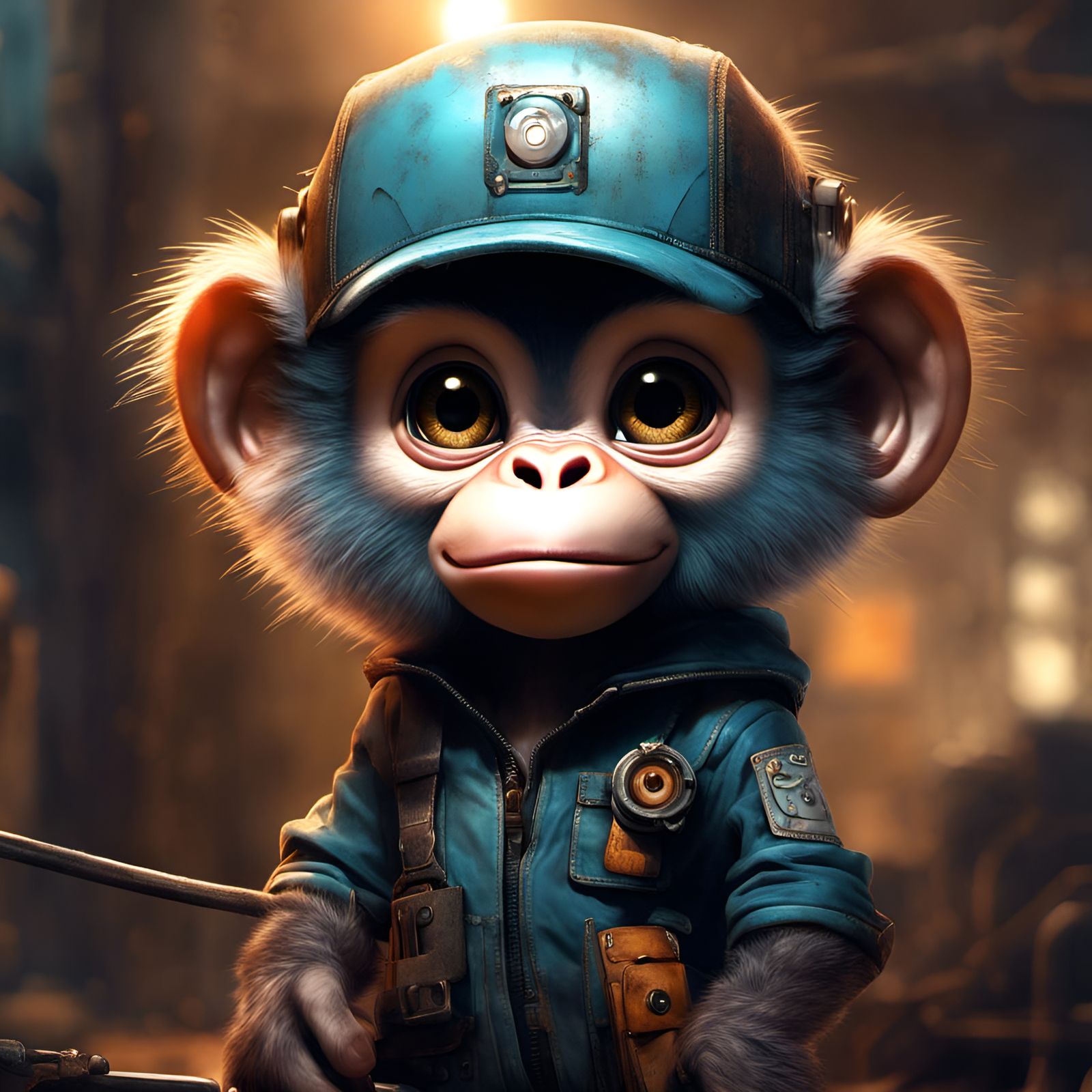 Chibi Monkey Mechanic with Wrench in Detailed 3D Style